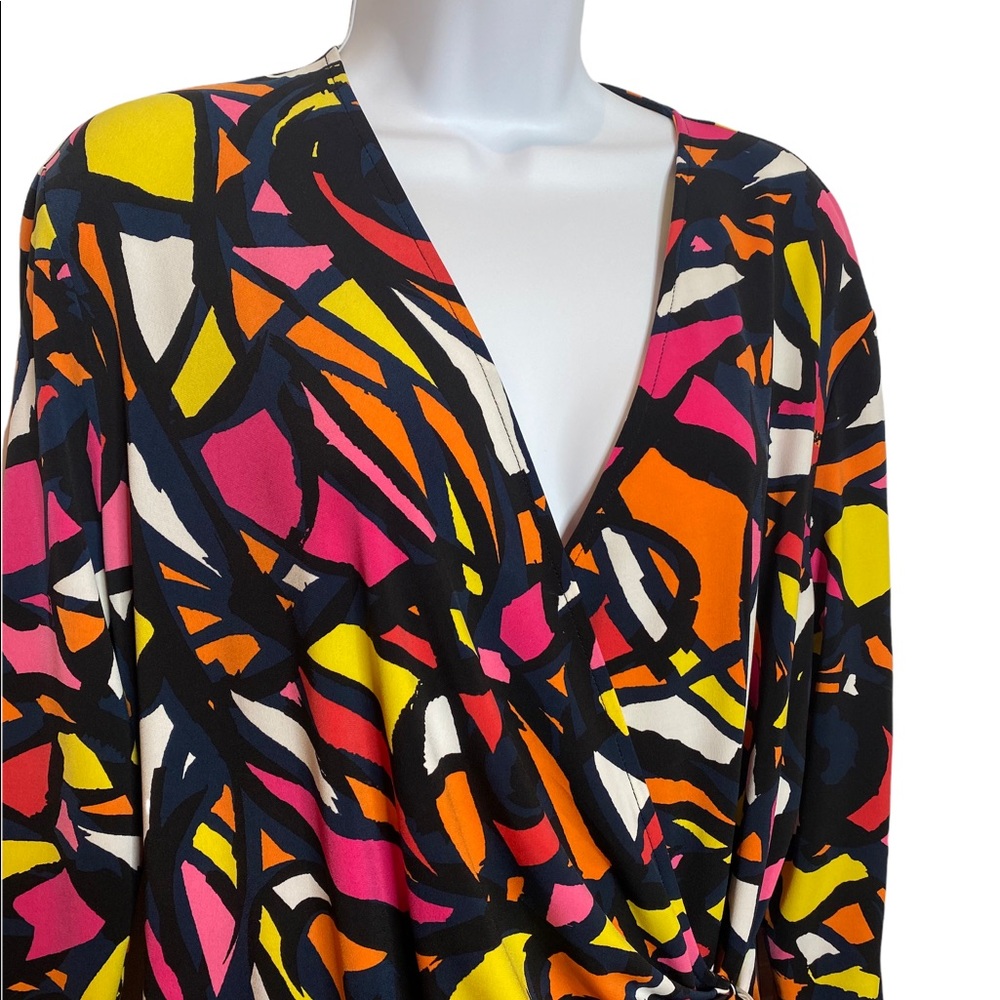 Multi-colored wrap dress, with side tie.